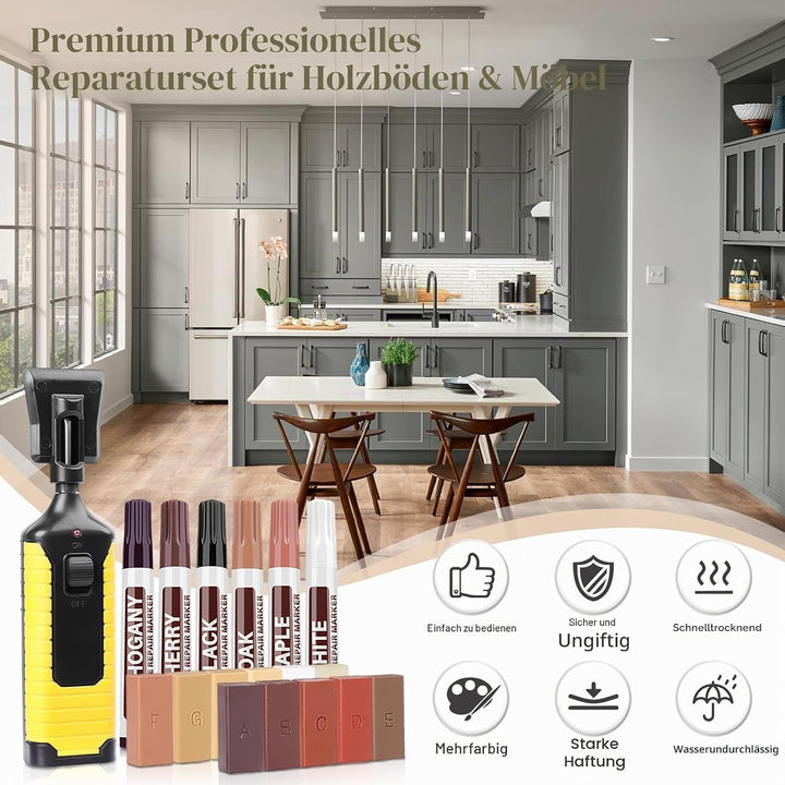 Laminat Reparaturset, Parkett Reparaturset mit 11 Farben Hartwachs, 6 Möbel Reparaturmarker, Schmelz