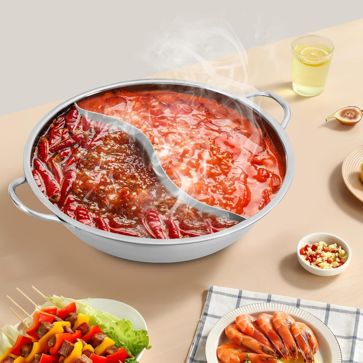 Edelstahl Hot Pot Shabu Topf Heisser Topf mit Glasdeckel und Trennwand Kompatibel mit Gaskochfeldern
