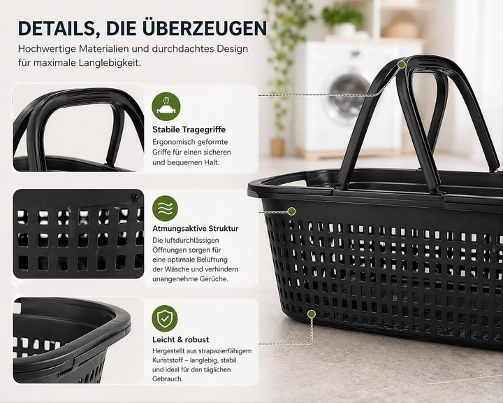 HRB Wäschekorb 35L mit Henkel – Stabiler Kunststoff Wäschekorb Anthrazit – Leicht &amp; Robust, Luftdurc