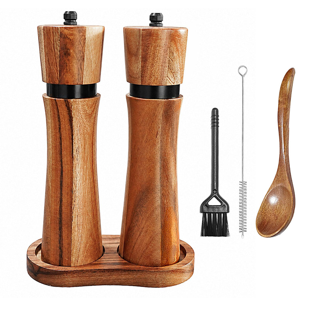Salz und Pfeffermühle Holz Set – 2er Gewürzmühle mit Keramikmahlwerk & Untersetzer, Manuelle Pfeffer