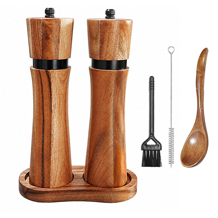 Salz und Pfeffermühle Holz Set – 2er Gewürzmühle mit Keramikmahlwerk & Untersetzer, Manuelle Pfeffer