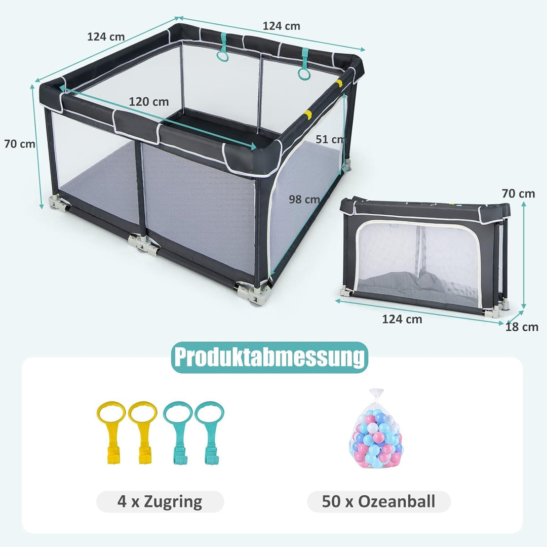 DREAMADE Laufstall Baby, 124 x 124 cm Laufgitter Klappbar mit 50 Spielbällen & 4 Zugringen, Schutzgi
