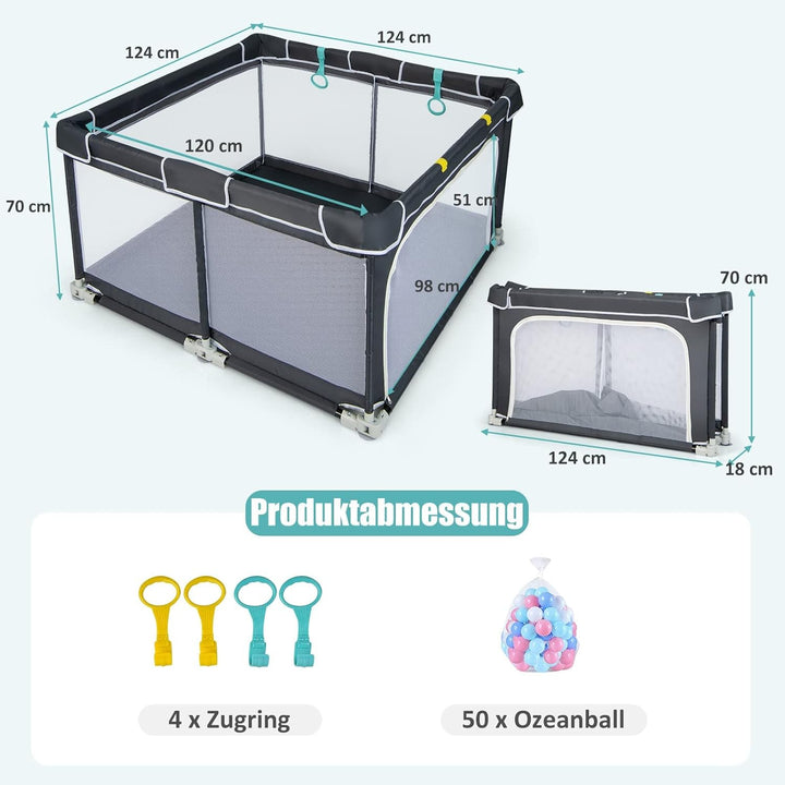 DREAMADE Laufstall Baby, 124 x 124 cm Laufgitter Klappbar mit 50 Spielbällen & 4 Zugringen, Schutzgi