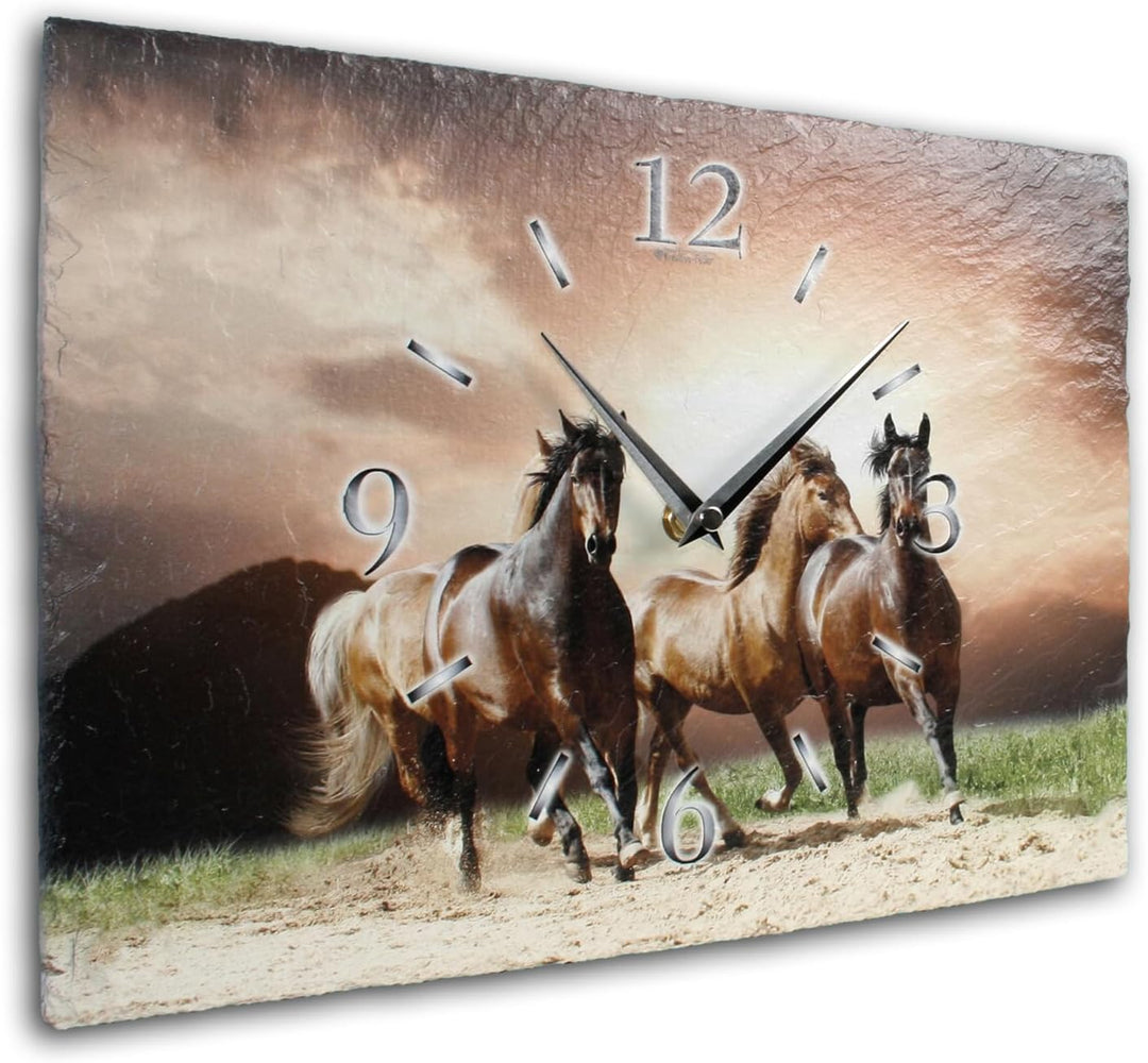 Kreative Feder Designer-Wanduhr aus Stein (Beton) mit flüsterleisem Funkuhrwerk - Pferde