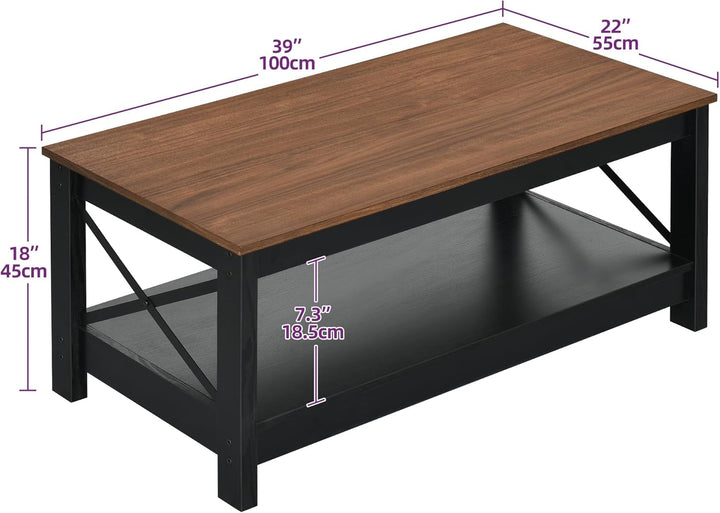 YITAHOME Couchtisch, Wohnzimmertisch, 2-stöckiger Dicker Holz Rechteckiger Couchtisch, X-Form Metal