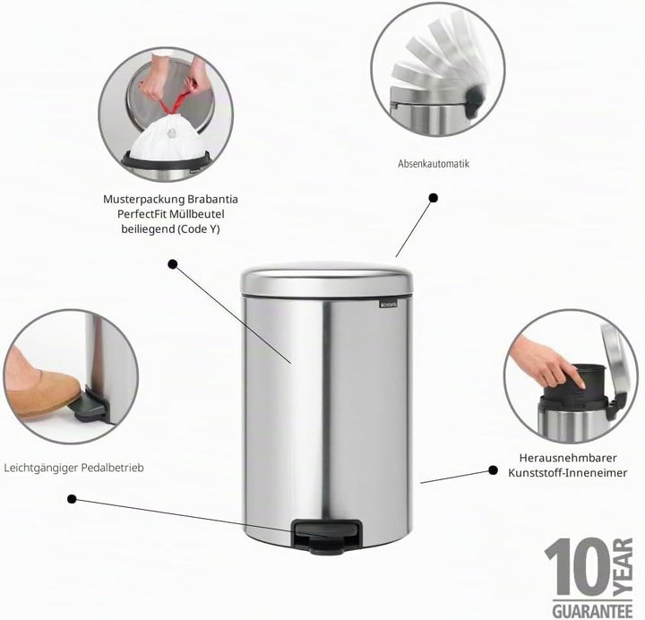 Brabantia Tret-Mülleimer mit Inneneimer aus Kunststoff, stahl, Matt Steel Fingerprint Proof, 20 l 20