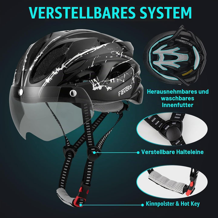 Favoto Fahrradhelm Herren mit Licht - Damenhelm Fahrradhelm Leichtgewicht Atmungsaktiv mit Brille Rü