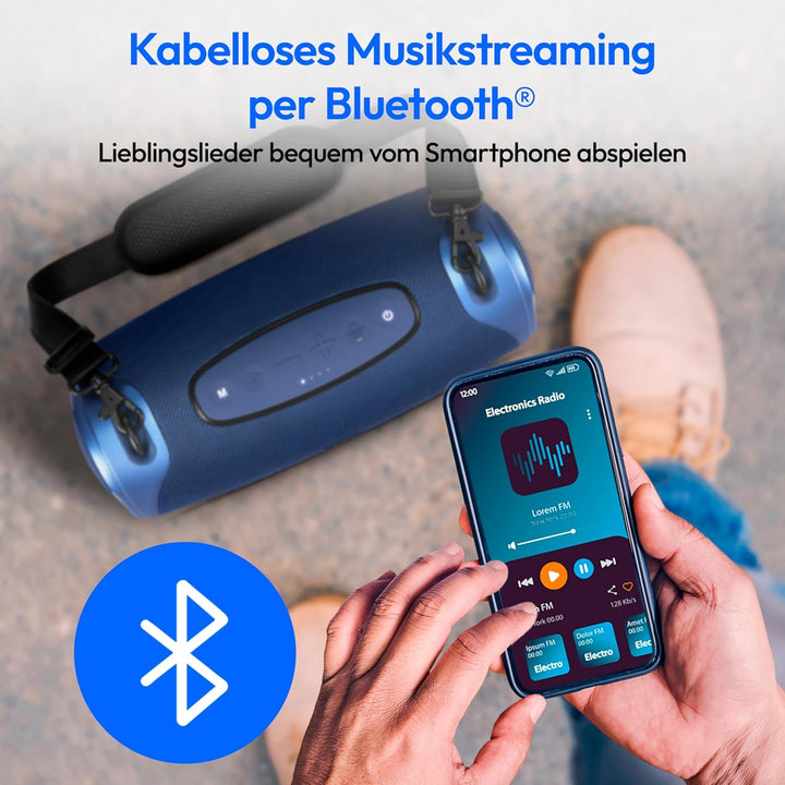 MEDION P61762 tragbarer Bluetooth Lautsprecher (Akku, Bass Boost, Musikbox, RGB Lichteffekte, IPX7 W