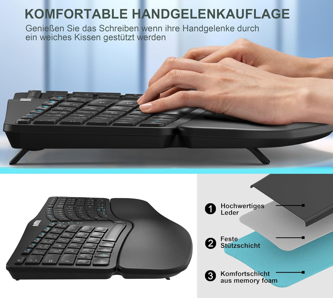 Arteck ergonomisches Split Tastatur mit gepolsterter Handgelenkauflage, 2.4G USB Kabellose Komfortab