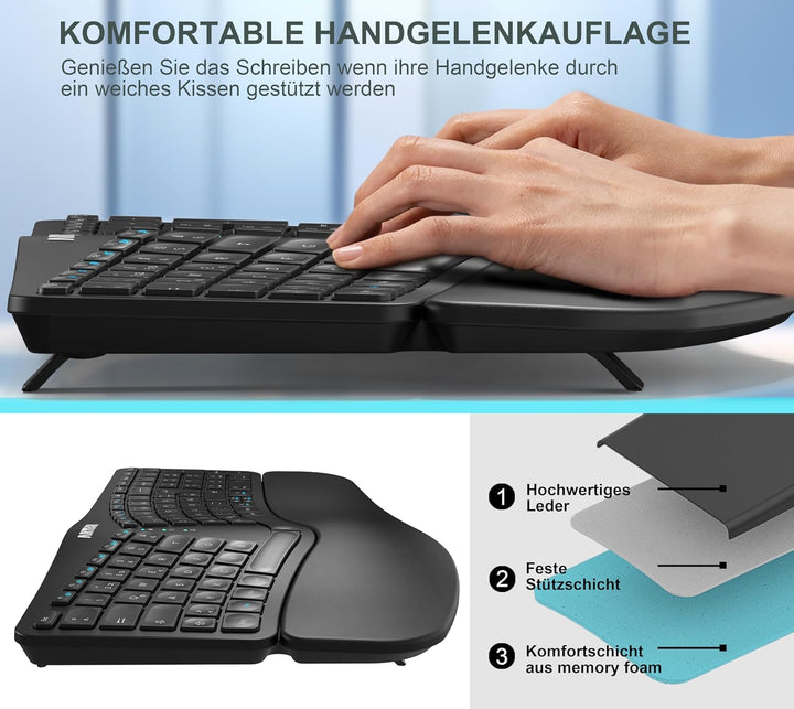 Arteck ergonomisches Split Tastatur mit gepolsterter Handgelenkauflage, 2.4G USB Kabellose Komfortab