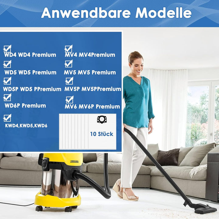 10 Stück Staubsaugerbeutel für Kärcher WD4 WD5 WD6 WD5P WD6P MV4 MV5 MV6 Vliesfilterbeutel KFI 487 E