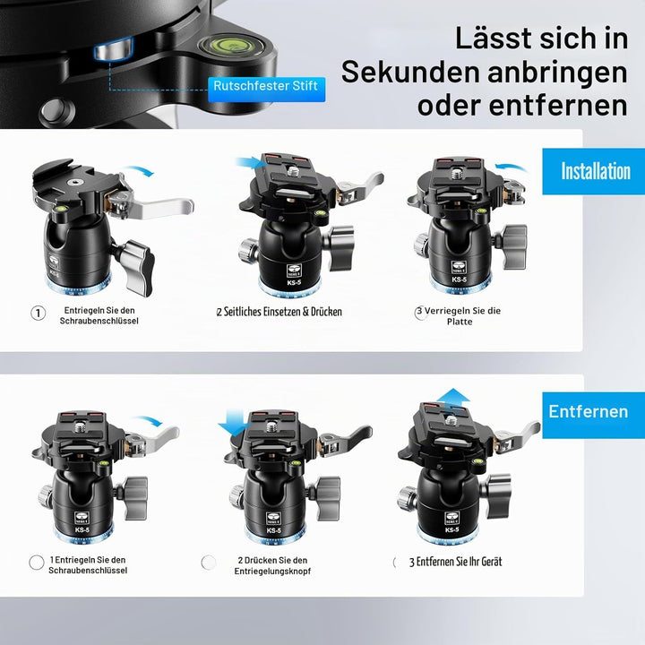 SIRUI KS-5 Kugelkopf Low Profile für Stativ, 29 mm 360° Panorama Aluminium Stativkopf für Kamera, Ca