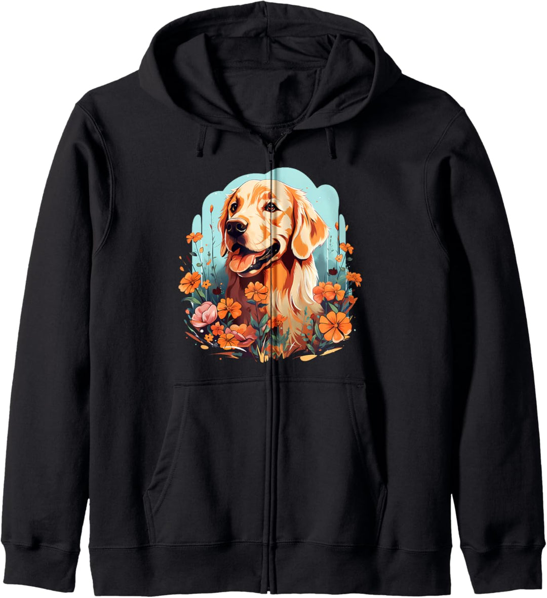 Niedlicher Golden Retriever in botanischem Blumengarten Hund Mama Kapuzenjacke