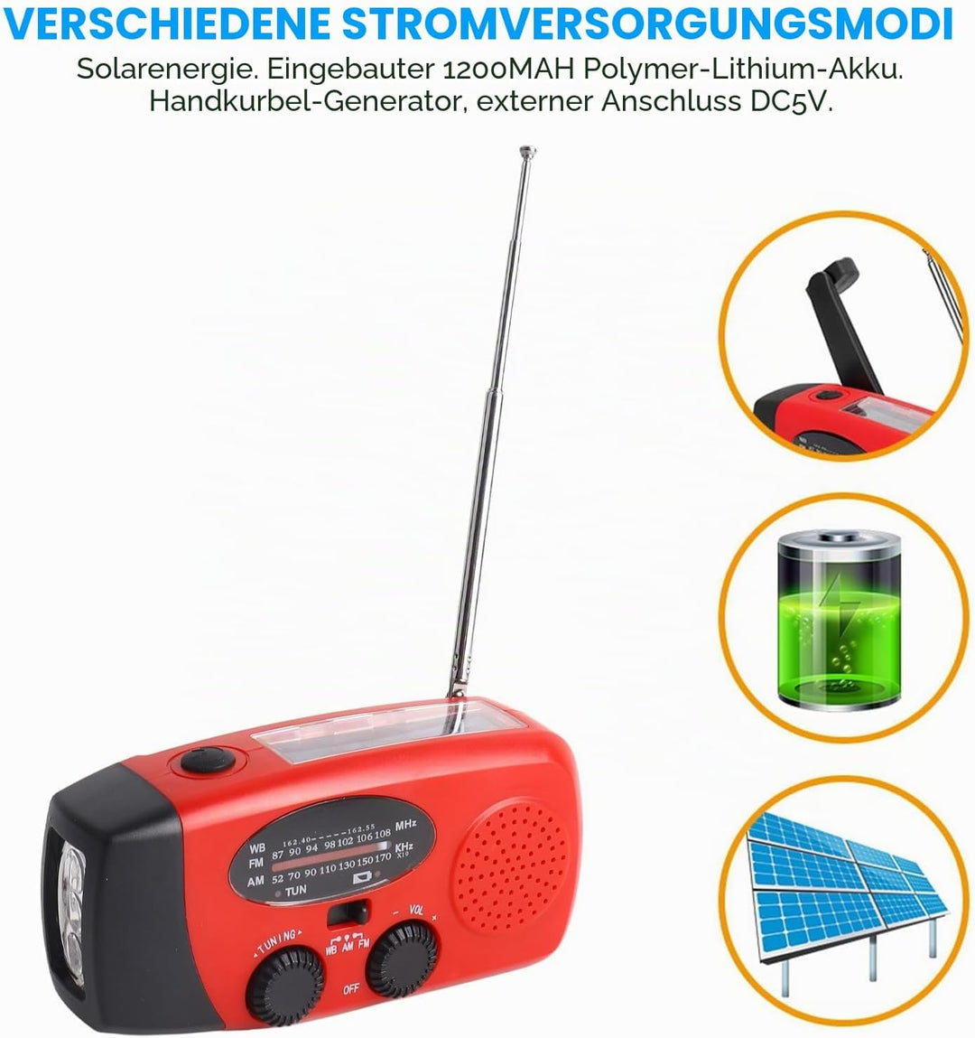 VBESTLIFE Notfall-Wetterradio, 1200 MWh AM/FM/NOAA Solar-Handkurbel-Notfallradio, SOS-Alarm und Tasc