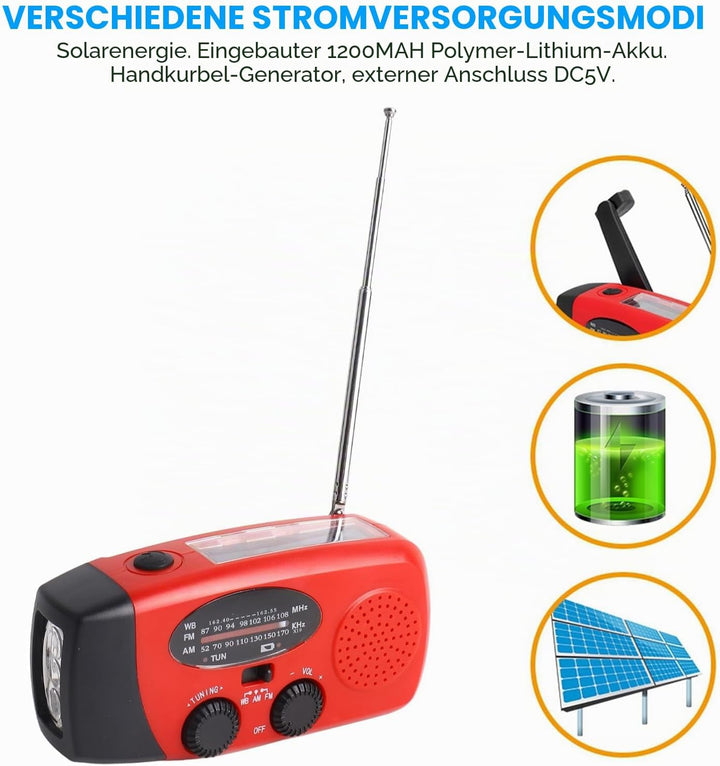 VBESTLIFE Notfall-Wetterradio, 1200 MWh AM/FM/NOAA Solar-Handkurbel-Notfallradio, SOS-Alarm und Tasc