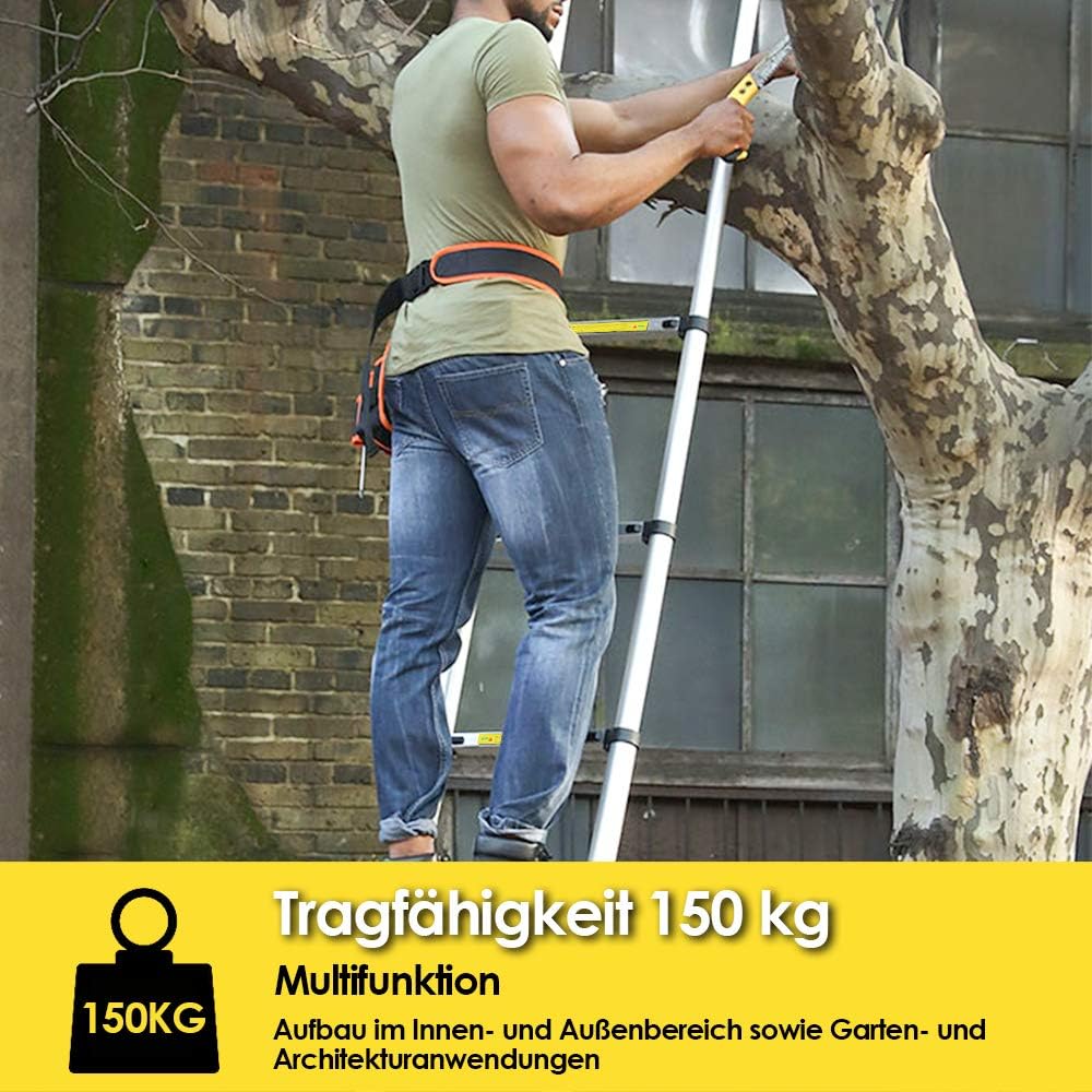 Sonnewelt 3,8M Teleskopleiter mit 2 Abnehmbarem Haken, Rutschfester Aluminium Stehleiter, 150 kg/330