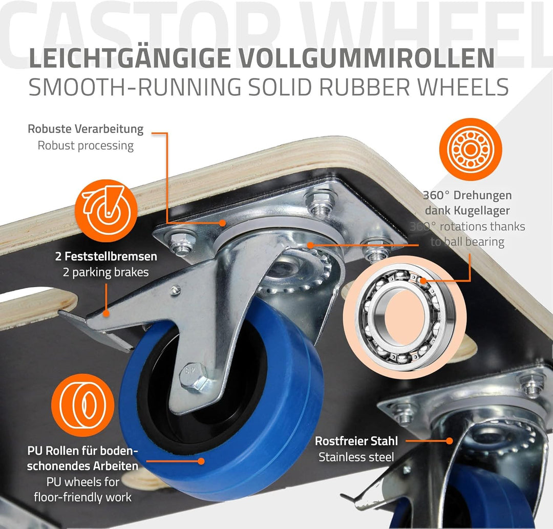 ECD Germany 2er Set Transportroller mit 2X Feststellbremse, 35x50 cm, 800kg Siebdruckplatte, PP-Räde