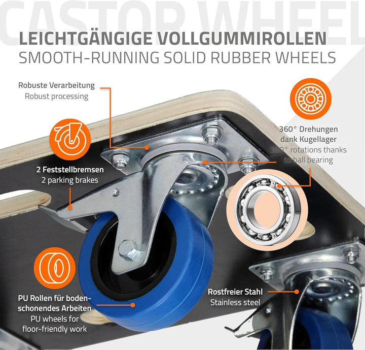 ECD Germany 2er Set Transportroller mit 2X Feststellbremse, 35x50 cm, 800kg Siebdruckplatte, PP-Räde