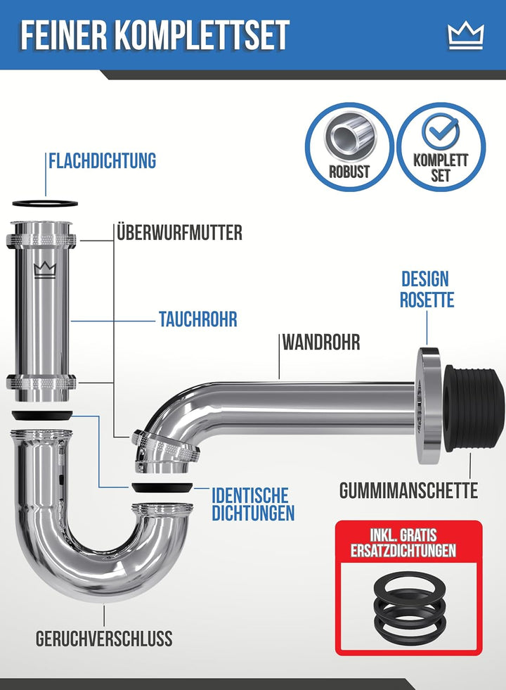 FEINER® Universal Siphon Waschbecken aus Chrom 1 1/4" Komplettset alles dabei, Tauchrohr 2-12 cm Höh