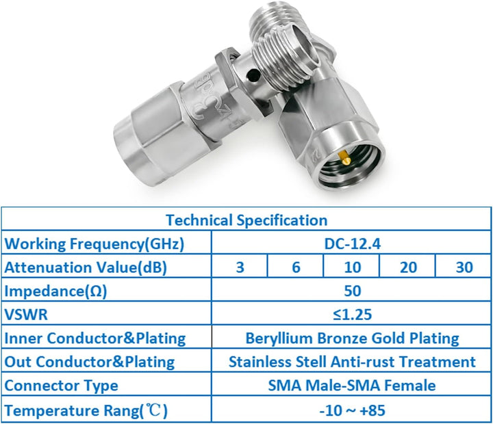 2PCS RF Koaxial-Dämpfungsgerät, 12.4GHz 3dB 2W 50Ohm SMA Stecker auf SMA Buchse Fester Dämpfungsregl