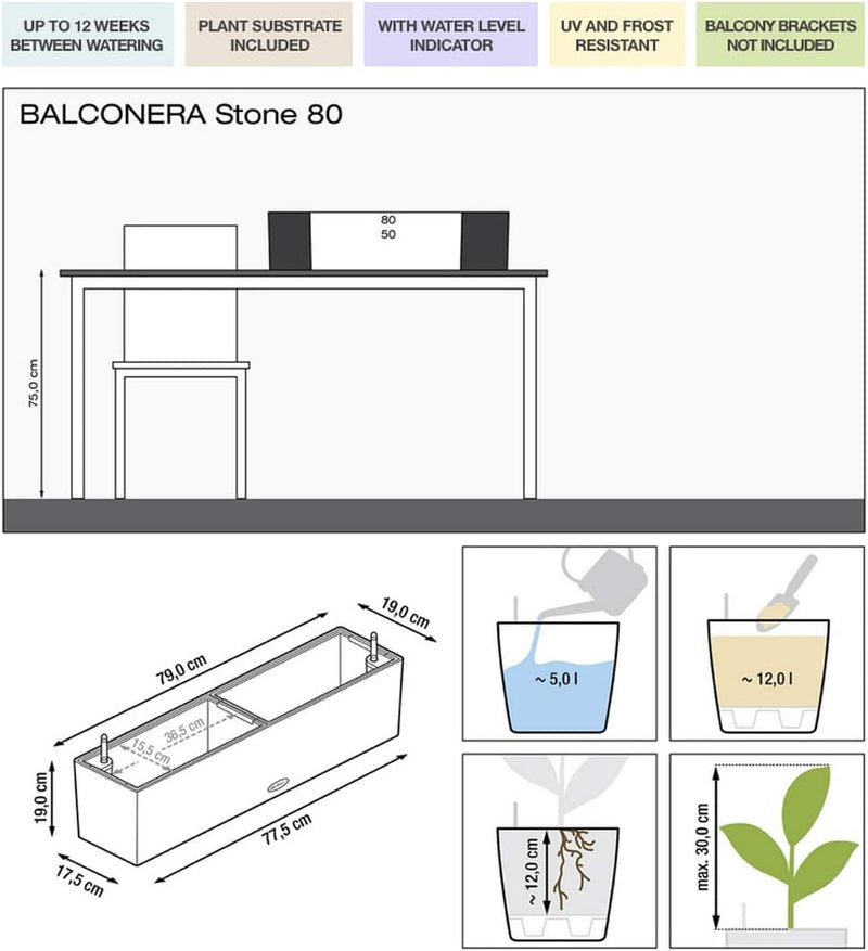 Lechuza BALCONERA Stone 80 hochwertiges Pflanzgefäss mit ERD-Bewässerungs-System, steingrau & Balkon