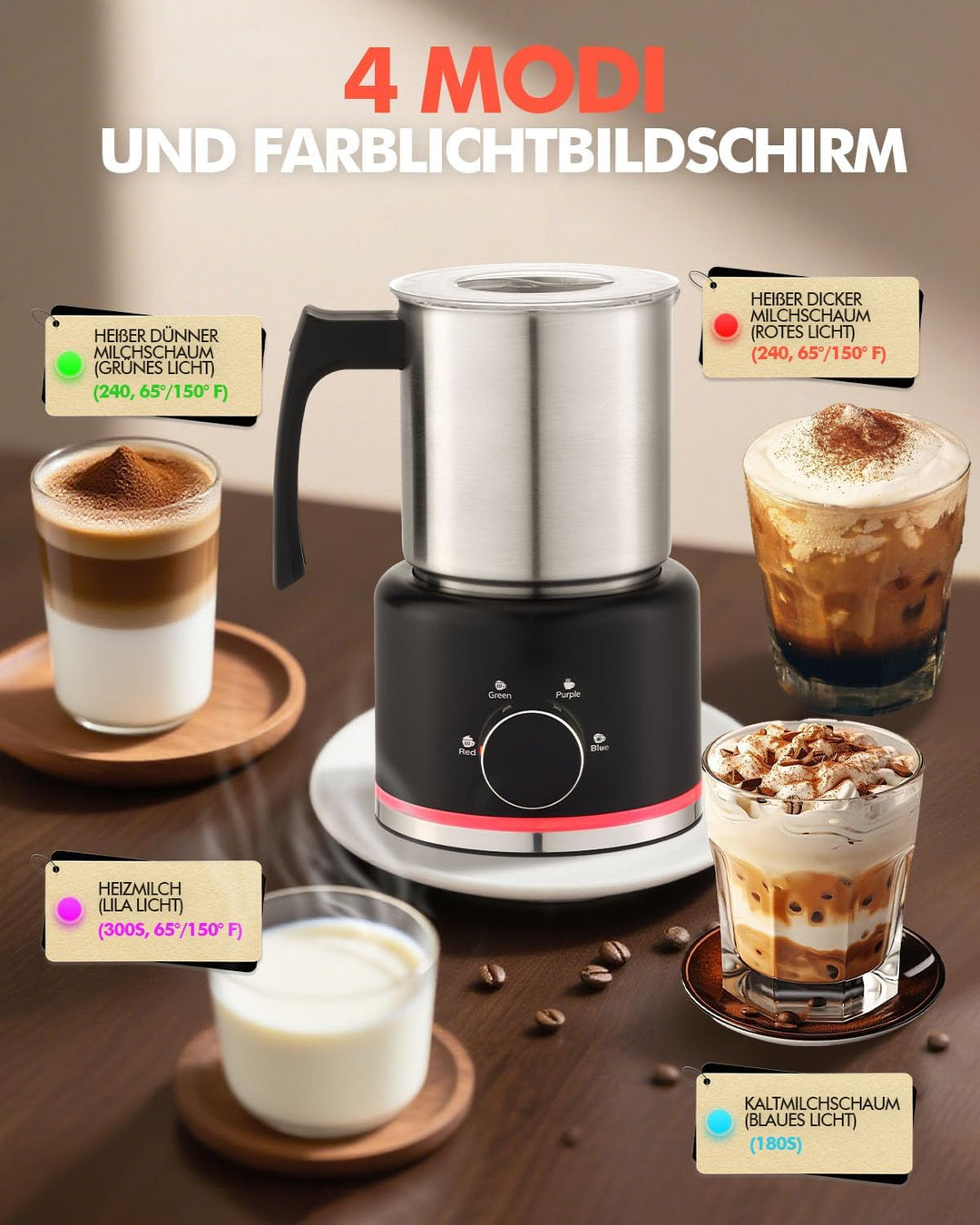 Automatischer Milchaufschäumer Elektrisch 4-in-1, 650ML Edelstahl Milchschäumer mit Auto-Abschaltung