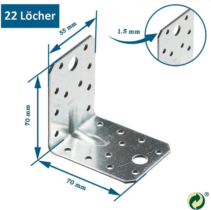 VHG Schwerlast Winkelverbinder mit Sicke 10er Set (70 x 70 x 55 x 1.5) - 90 Grad L Klammern Eckwinke