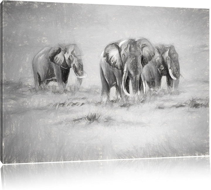 Pixxprint Afrikanische Elefanten in Südafrika Kunst Kohle Effekt, Format: 100x70 auf Leinwand, XXL r