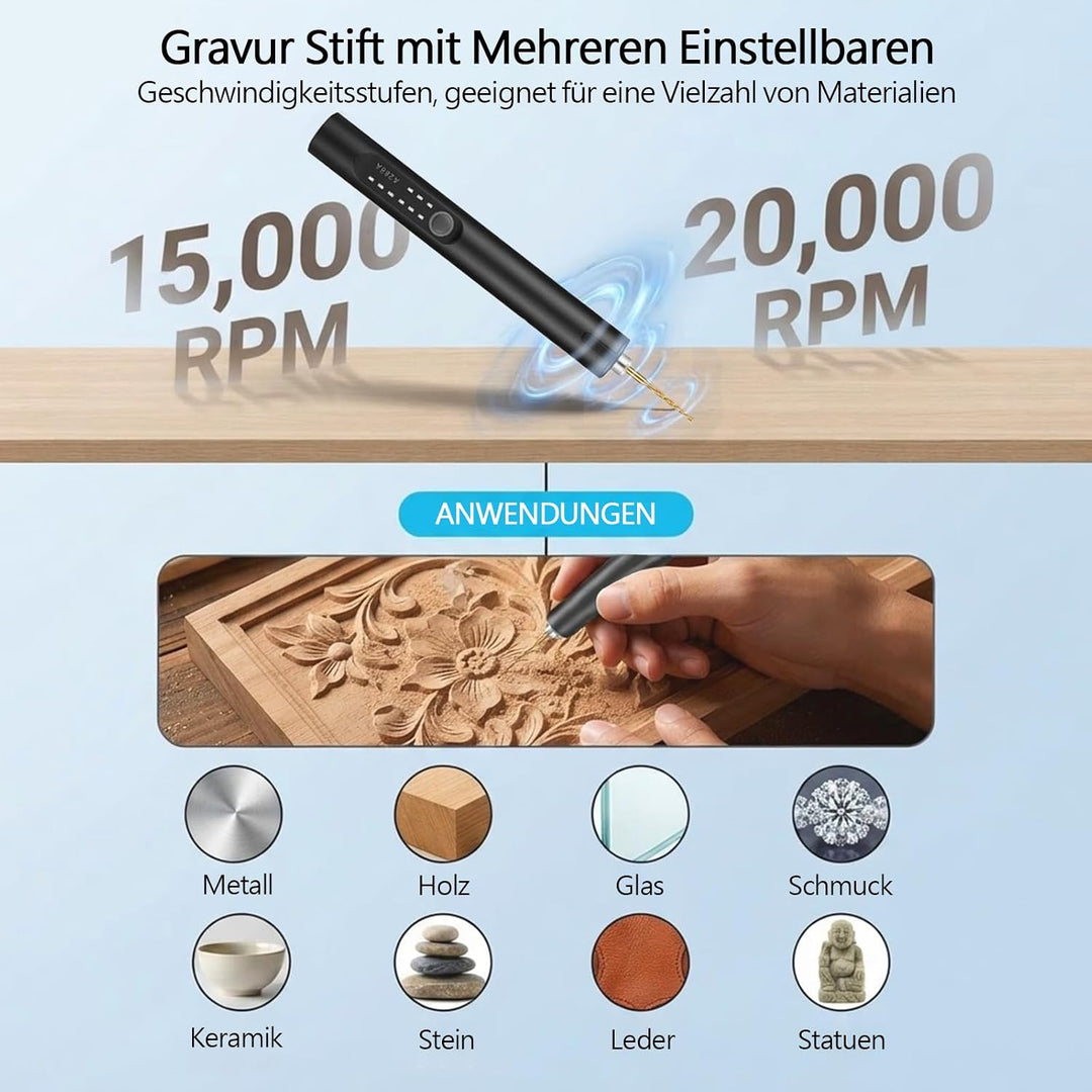 Elektrischer Mini-Gravierstift mit LED Licht 16 Zubehörteile Glasgravur Set | Tragbarer gravur stift