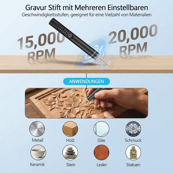 Elektrischer Mini-Gravierstift mit LED Licht 16 Zubehörteile Glasgravur Set | Tragbarer gravur stift