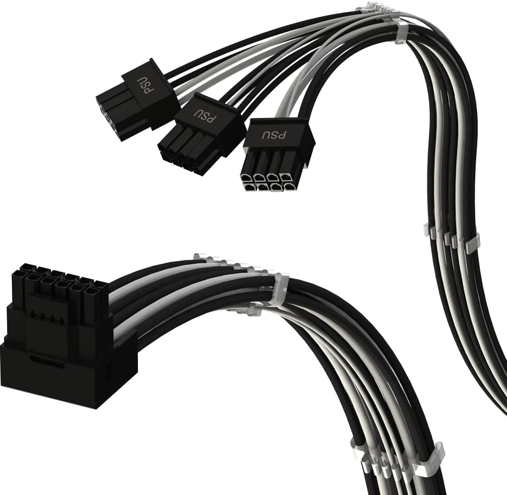 LINKUP - AVA PCIE 5.0 16Pin (12+4) mit Rechtswinkel zu 3x8Pin | 16AWG Umhüllt | Kompatibel mit RTX40
