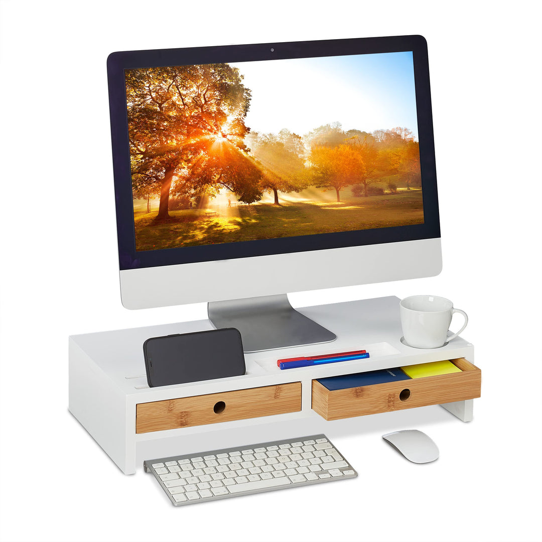 Relaxdays Monitorständer, 2 Schubladen, PC-Erhöhung für Schreibtisch, HxBxT: 12 x 56 x 27 cm, Bambus