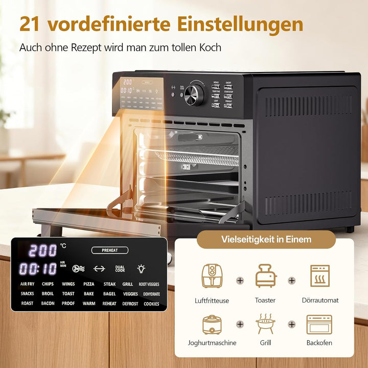 OIMIS Heissluftfritteuse Backofen 30L Mit 21 Programme, Grau Heissluftbackofen xxl mit luftfritteuse