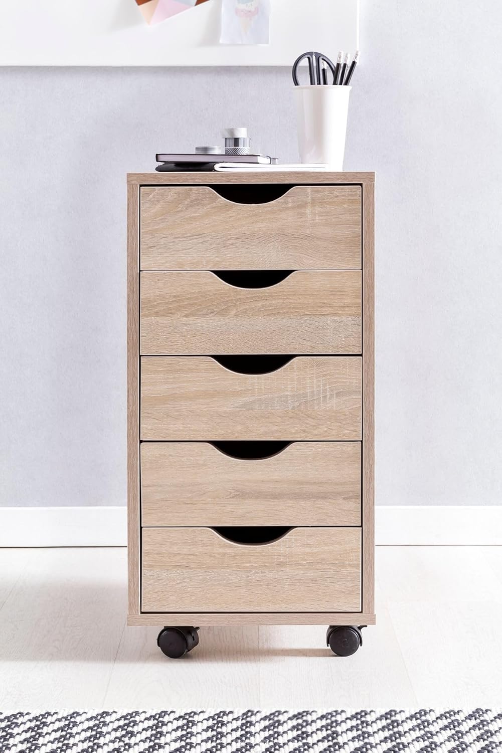 Rollcontainer 33 x 64 x 38 cm MDF-Holz 5 Schubladen Sonoma | Moderner Schubladencontainer mit Rollen