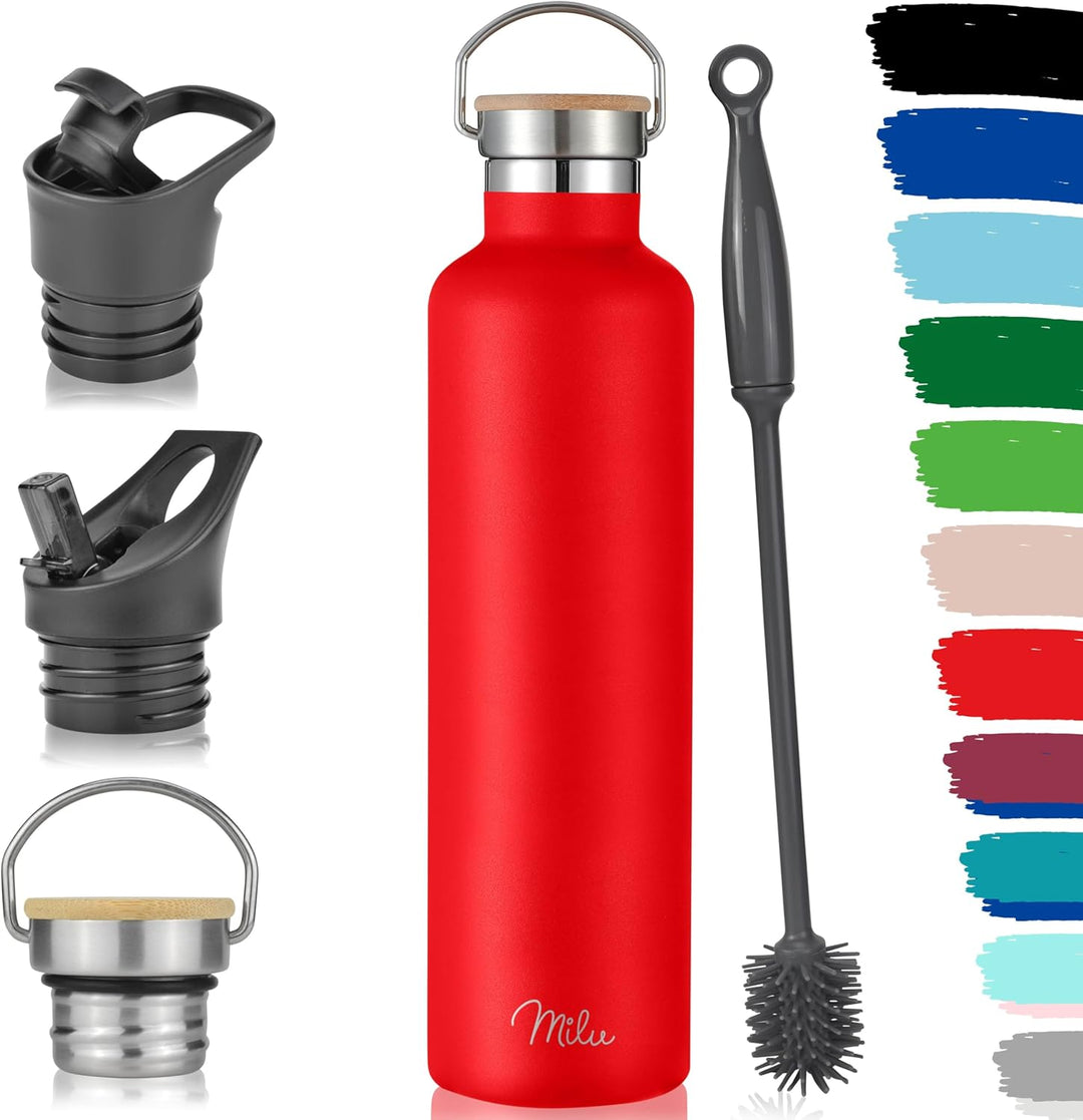 Milu Edelstahl Trinkflasche 350ml 500ml 750ml 1000ml (+3 Deckel) - Thermosflasche mit Strohhalm, Iso