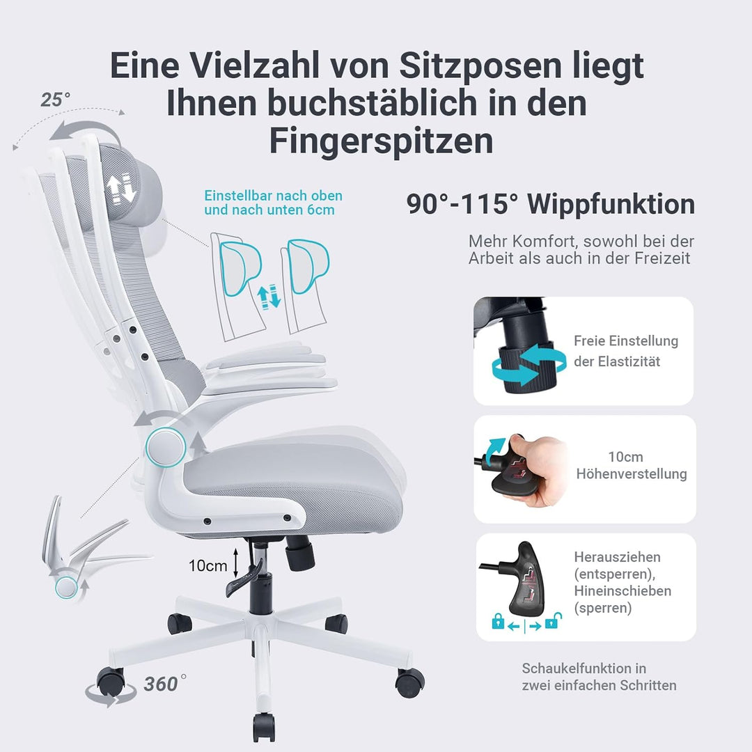 MELOKEA Bürostuhl Ergonomisch, Schreibtischstuhl aus Mesh mit Hochklappbaren Armlehnen, Computer Dre
