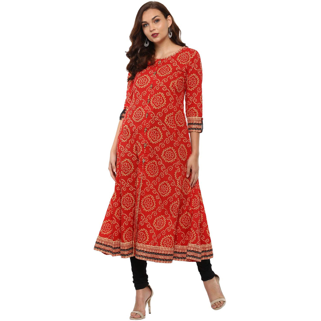 Yash Gallery Indian Tunika Tops Damen Baumwolle Bandhej Print Anarkali Kurta (Rot) S Rot, S Rot