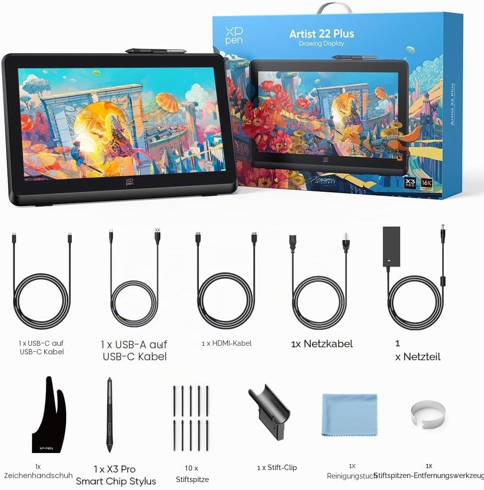 XPPEN Artist 22 Plus Grafiktablett mit Display 16K Druckstufen, Grafiktablett Digital Zeichnung FHD