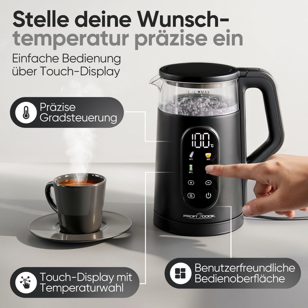 ProfiCook® Wasserkocher mit Temperatureinstellung | 40-100°C | 1,7L | Schnellstartfunktion | 2200W |