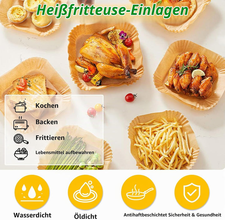 Sungoup Backpapier für Heissluftfritteuse 23-27cm, 200 Stück Airfryer Backpapier Antihaft Wasserdich