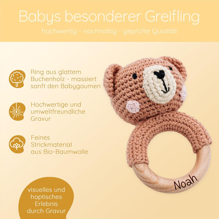 Personalisierter Beissring Baby - Niedlicher Greifling für Baby's ab 0 Monate - Babyrassel mit Name