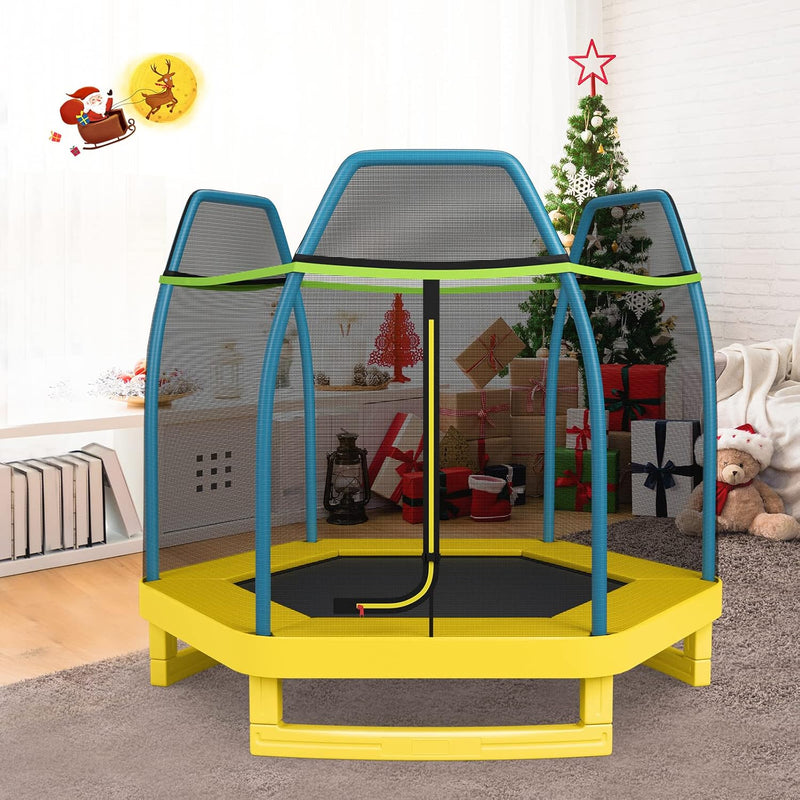 KOMFOTTEU Ø 223 cm Trampolin, sechseckiges Kindertrampolin mit Sicherheitsnetz, Gartentrampolin bis