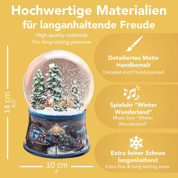 Schneekugel Weihnachten Spieluhr | Schlittenfahrt mit Christbaum | Sockel Winterlandschaft Eisläufer