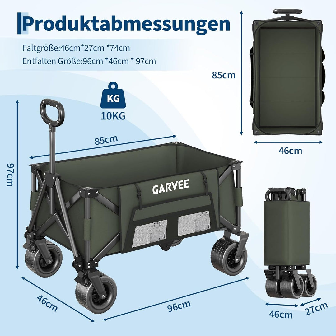 GarveeLife XXL Bollerwagen Faltbar, 200kg Belastbar &amp; 200L Volumen, Handwagen mit Bremsen &amp; 20cm Off
