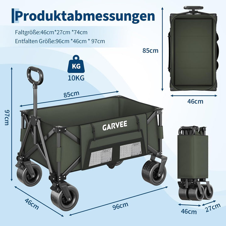 GarveeLife XXL Bollerwagen Faltbar, 200kg Belastbar &amp; 200L Volumen, Handwagen mit Bremsen &amp; 20cm Off