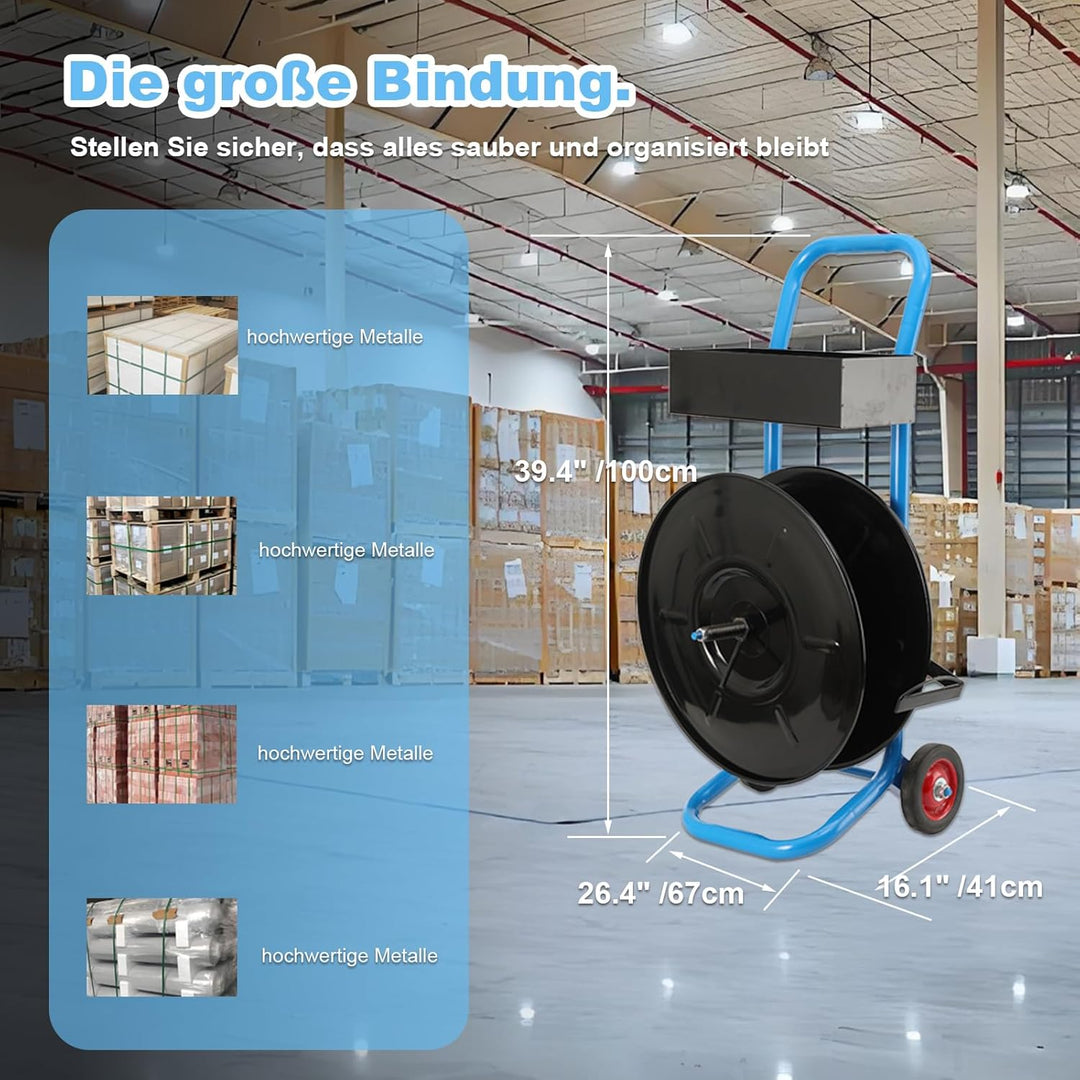 Abrollwagen für PET-/PP-/Faser-Umreifungsband mit 203 mm Kern, robuster Profi Umreifungsspender, fah