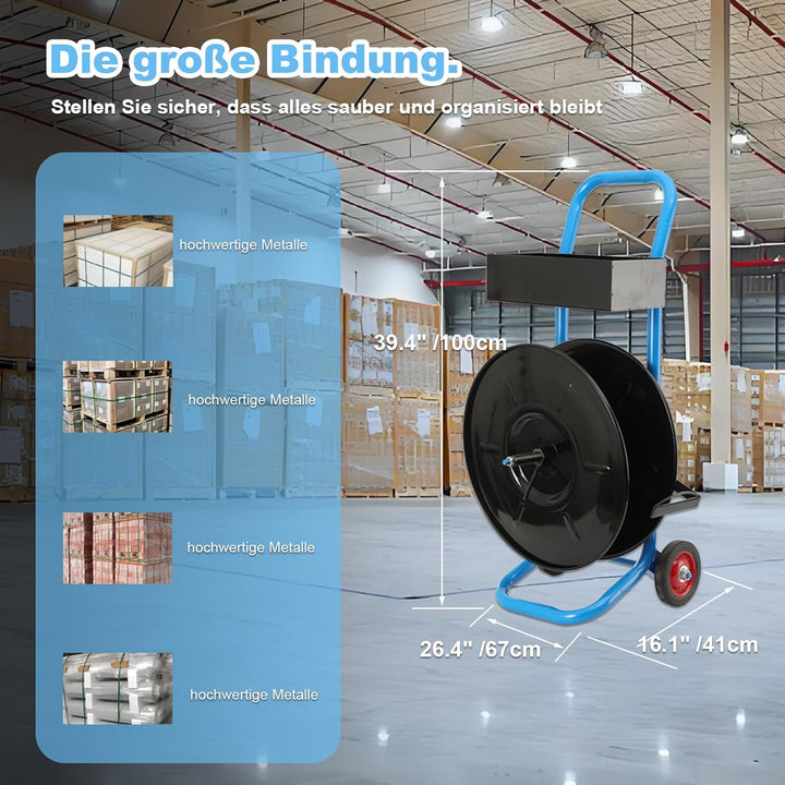 Abrollwagen für PET-/PP-/Faser-Umreifungsband mit 203 mm Kern, robuster Profi Umreifungsspender, fah