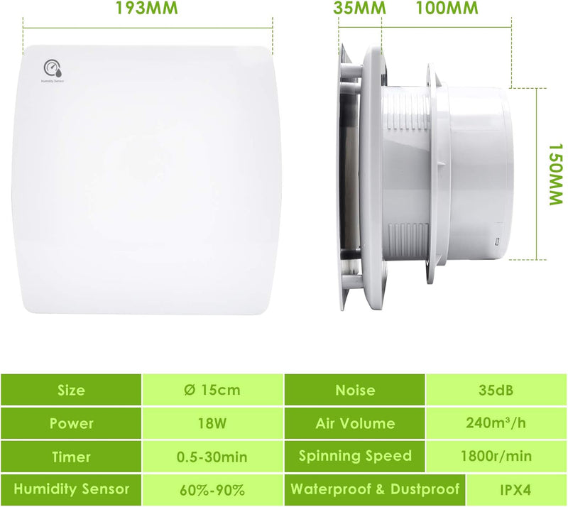 Randaco 150mm Badlüfter mit Feuchtigkeitssensor,Bad Ventilator mit Rückstauklappe und Timing,Badezim