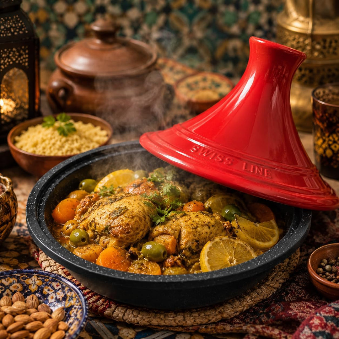 Swiss Line Tajine Topf 30 cm Gusseisen mit Keramikdeckel – Marokkanischer Schmortopf für 2–5 Persone