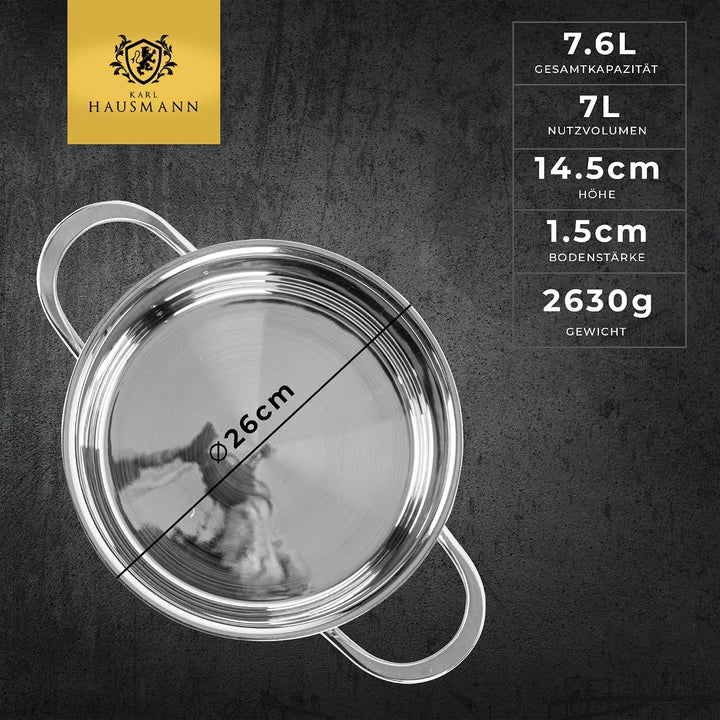 KARL HAUSMANN 18/10 Edelstahl Kochtopf Induktion 7.6 L Ø 26 cm, 7.6 L